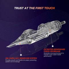 T&T AWE Series Tattoo Needle Cartridges Round Curved Magnum RM with dual patented ink reservoir and stabilizing membrane