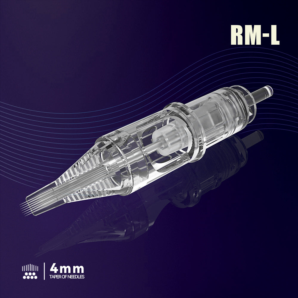 T&T AWE Series Tattoo Needle Cartridges Long Round/Curved Magnum (RM-L) with dual patented ink reservoir and stabilizing membrane